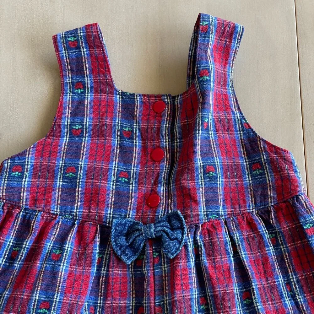 VINTAGE RARE 1980s/90s OshKosh B'gosh Baby Toddler Blue Red Apple Plaid Romper
